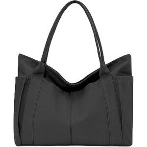 Nicav Women's Black Canvas Large Utility Pockets Zip Top Sustainable Tote Bags